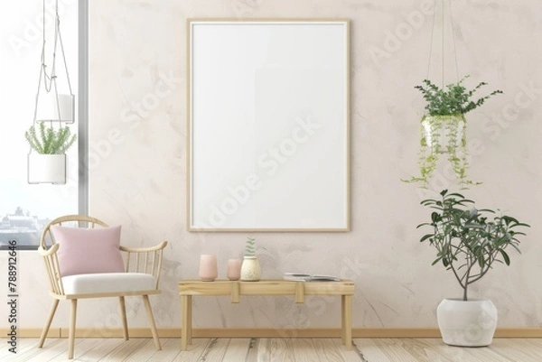 Fototapeta Scandinavian style living room with poster mockup created with generative ai