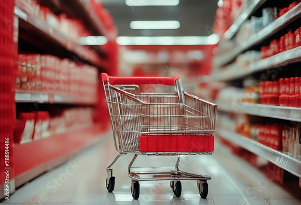 Fototapeta light empty red background interior scount cart supermarket store shopping hand aisle hold bokeh blur Woman defocused abstract grocery streetcar consumer