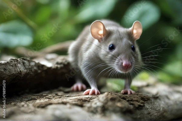 Obraz gray rat out peeking sitting close mammal small background look head young nature whisker fur hole hair paw box face spot animal grey eye closeup nose ear hairy wooden