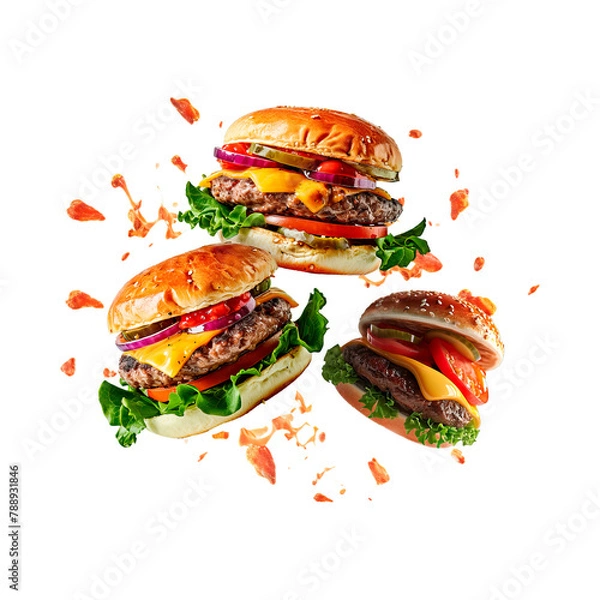 Fototapeta Grill burger, realistic 3d burgers falling in the air, grilled meat collection, ultra realistic, icon, falling, flying, detailed, angle view food photo, burger composition	