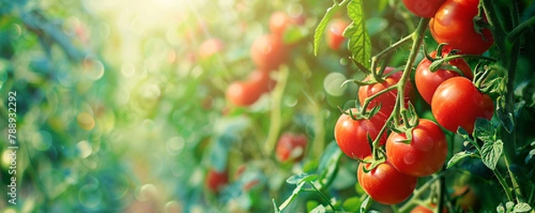 Fototapeta Fresh ripe tomatoes in the farm on a sunny summer day