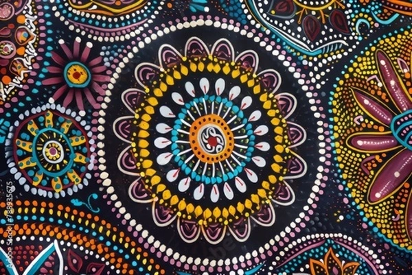 Fototapeta A traditional Aboriginal dot painting depicting Dreamtime stories and ancestral connections to the land, rich in symbolism and cultural significance, Generative AI