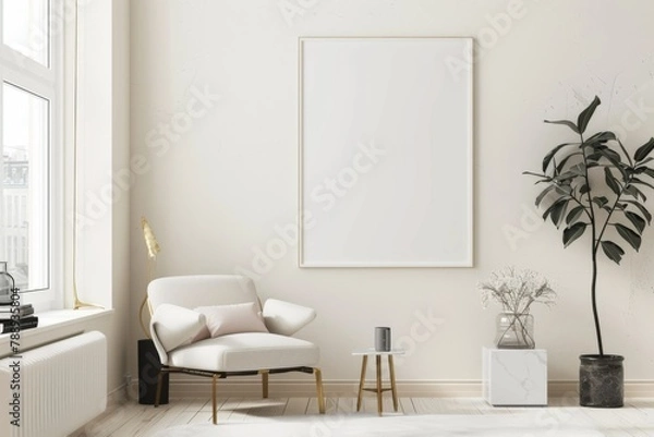 Fototapeta Scandinavian style living room with poster mockup created with generative ai