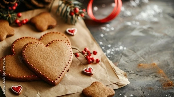 Fototapeta Heart shaped gingerbread cookies accompanied by a heartfelt note make a delightful gift for Valentine s Day birthdays or Mother s Day Plenty of space available for your personal message