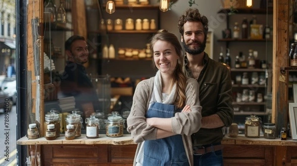 Obraz Multiethnic, Multicultural proud and smiling small business owners standing in front their stores, Self-employment, 16:9