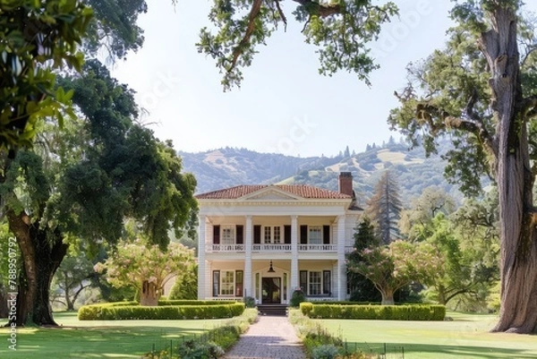 Fototapeta A stately Georgian mansion surrounded by manicured gardens, rolling hills, and ancient oak trees, exuding timeless elegance and charm, Generative AI