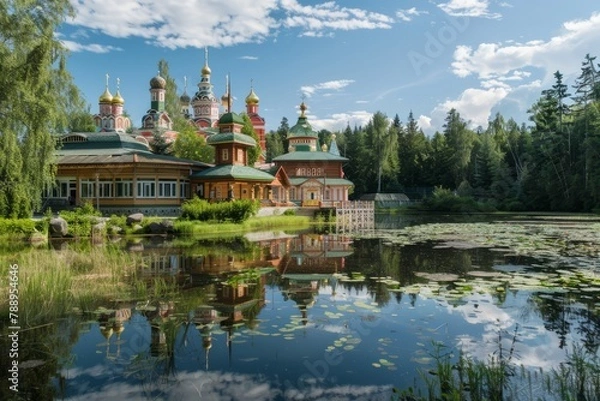 Fototapeta An opulent Russian dacha nestled beside a tranquil lake, with colorful onion-domed churches in the distance and lush forests teeming with wildlife, Generative AI