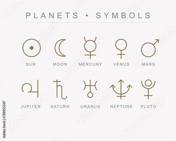 Obraz astrological planets symbols. minimalist vector. set of symbols for horoscope.sun, moon, mercury, venus, mars, jupiter, saturn, uranus, neptune, pluto