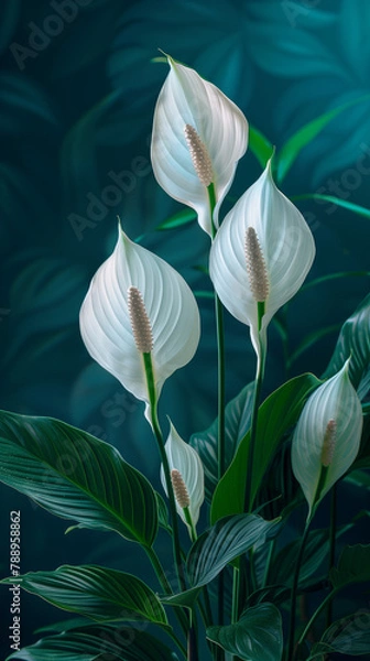 Obraz leaves of Spathiphyllum cannifolium background. Green leaf banner and floral jungle pattern concept. abstract flower leaf texture.	