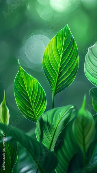 Obraz leaves of Spathiphyllum cannifolium background. Green leaf banner and floral jungle pattern concept. abstract flower leaf texture.	