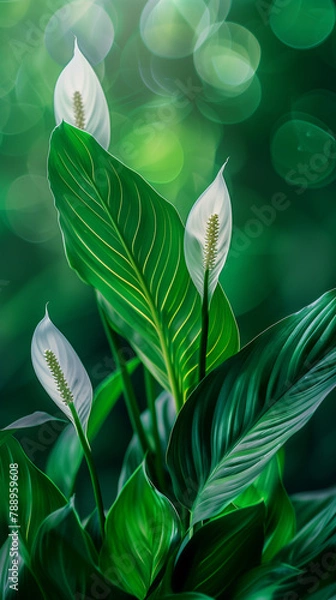 Obraz leaves of Spathiphyllum cannifolium background. Green leaf banner and floral jungle pattern concept. abstract flower leaf texture.	