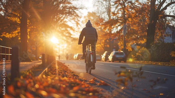 Obraz close up man riding a bicycle on a road in autumn, evening.
