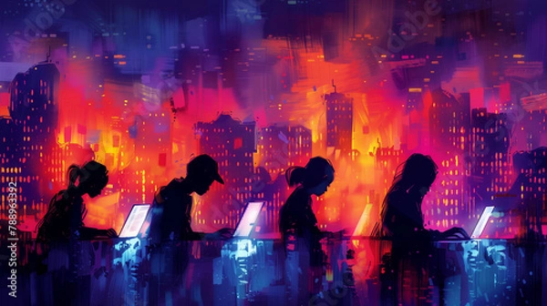 Fototapeta Young business team working together at office. cartoon using laptops and sitting in chairs. Cute cartoon working, playing social media, technology futuristic, poster. Working from home vector. 