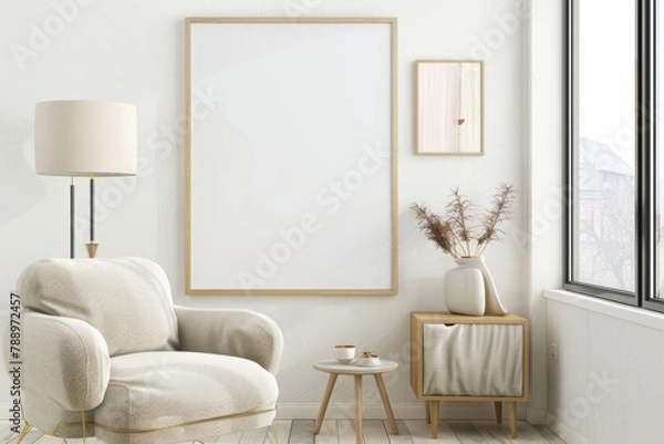 Fototapeta Scandinavian style living room with poster mockup created with generative ai