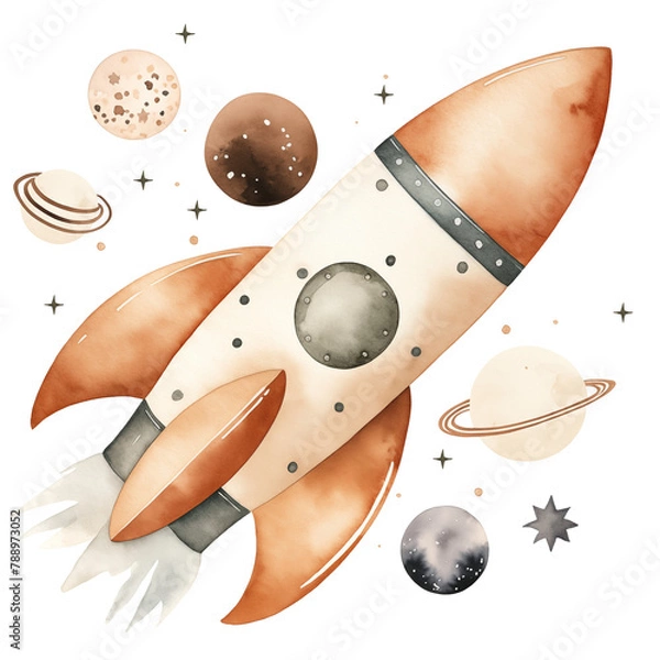 Fototapeta Watercolor rocket with planet and stars, neutral nursery space illustration