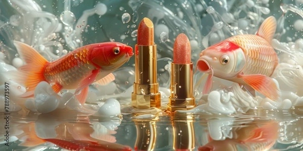 Obraz Playful lipstick tubes as colorful koi fish swimming in a pond of liquid gold 