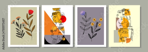 Fototapeta Set of abstract cover background wall art, floral, plant, flower, face portrait, person figure vector illustration. Aesthetic design for art print, decoration and wallpaper.