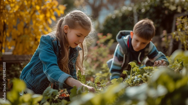 Obraz Young smiling girl working at garden and digging out fresh green lettuce, garden expert is teaching group of teenage student.