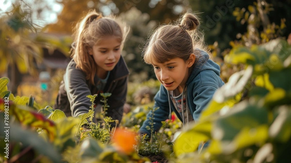 Obraz Young smiling girl working at garden and digging out fresh green lettuce, garden expert is teaching group of teenage student.
