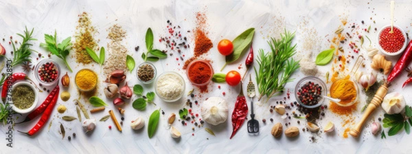 Fototapeta A vibrant composition consisting of a variety of colorful spices, aromatic herbs and a variety of kitchen utensils, elegantly arranged against a light background.
