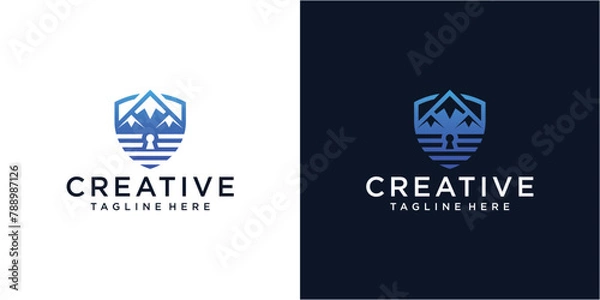 Fototapeta Modern mountain shield logo design template.