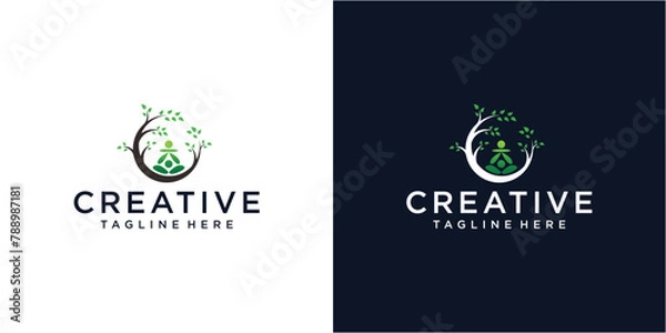 Fototapeta Yoga meditation with abstract tree logo design template.