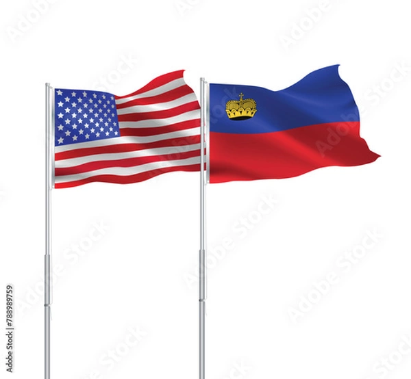 Fototapeta American and Liechtenstein flags together.USA,Liechtenstein flags on pole