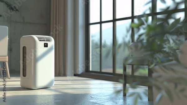 Fototapeta portable air conditioner in a room with a large window and plants