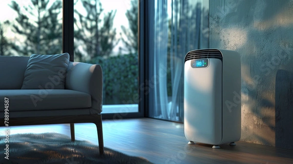 Fototapeta portable air conditioner in a room with a sofa and a large window, blue tones