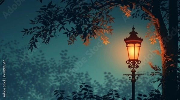 Fototapeta An illustration of a vintage street lamp with delicate leafy patterns adorning its post