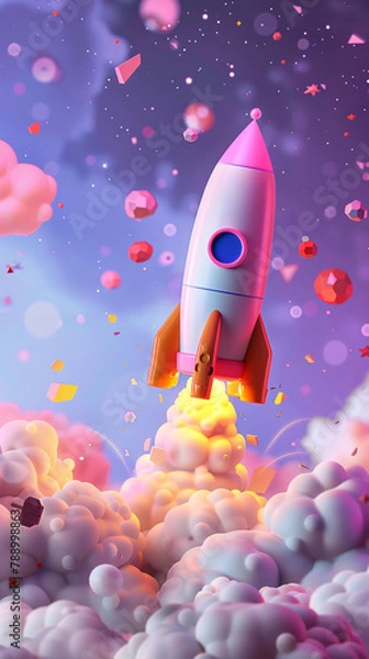 Fototapeta Rocket spaceship model 3D rendering, World Space Day rocket liftoff concept illustration