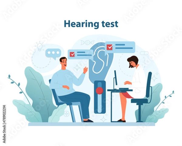 Fototapeta Hearing Test Procedure. Detailed illustration of a patient undergoing an audiometric test with.