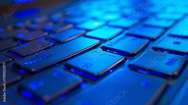 Fototapeta Keyboard Laptop with Blue Backlight : Generative AI