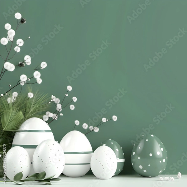 Fototapeta easter banner for a lucury boutique hotel with white and dark green colours. Empty space somewhere for details Ai generative 
