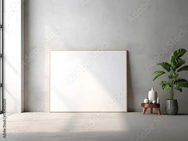 Fototapeta Empty wooden picture frame or mock-up frame by a window with natural sunlight and with lively plants in small vases on the floor.