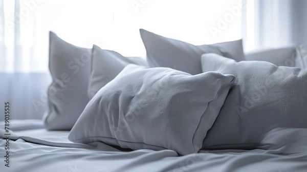 Fototapeta Closeup picture of grey soft with side pillows are comfortable yet stylish and modern for the whole family to spend their free time resting under the evening light passing through the  : Generative AI