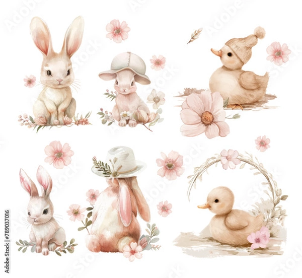 Fototapeta Easter set with cute ducklings, flowers and Easter eggs. Vector watercolor illustration of gentle Easter bunnies