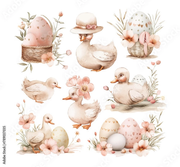 Fototapeta Easter set with cute ducklings, flowers and Easter eggs. Vector watercolor illustration of gentle Easter bunnies