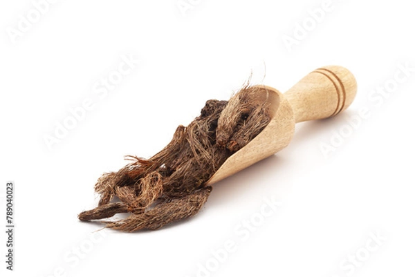 Obraz Front view of a wooden scoop filled with Organic Jatamansi (Nardostachys jatamansi) roots. Isolated on a white background.