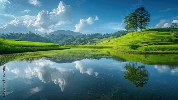 Fototapeta Vast and beautiful green hills fill the landscape dotted with long lush green trees while paddy fields stretch out fresh water rippling beneath reflections of the sky and fluffy clouds