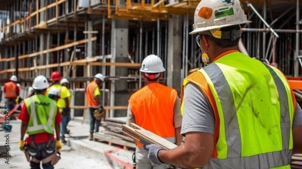 Fototapeta A group of construction workers on a site, with people of different races, religions, and genders working together. They are all wearing hard hats and safety gear.