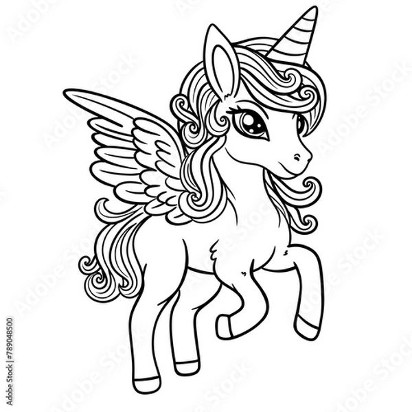 Obraz Happy Unicorn Coloring Page, Beautiful Cartoon Fairytale Cute Baby Unicorn,  Magic Pony, Unicorn Outline Illustration 