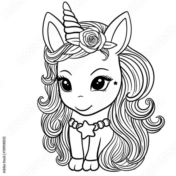 Obraz Happy Unicorn Coloring Page, Beautiful Cartoon Fairytale Cute Baby Unicorn,  Magic Pony, Unicorn Outline Illustration 