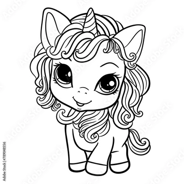 Obraz Happy Unicorn Coloring Page, Beautiful Cartoon Fairytale Cute Baby Unicorn,  Magic Pony, Unicorn Outline Illustration 