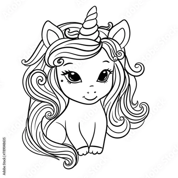 Obraz Happy Unicorn Coloring Page, Beautiful Cartoon Fairytale Cute Baby Unicorn,  Magic Pony, Unicorn Outline Illustration 