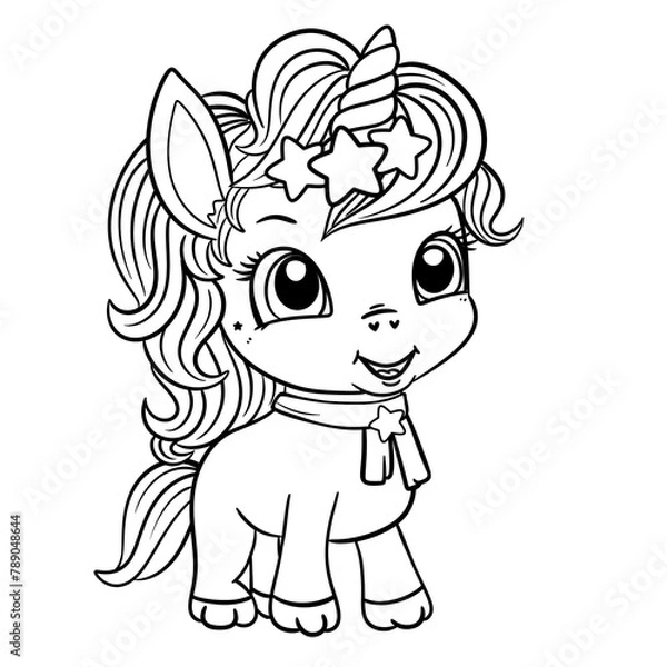 Obraz Happy Unicorn Coloring Page, Beautiful Cartoon Fairytale Cute Baby Unicorn,  Magic Pony, Unicorn Outline Illustration 