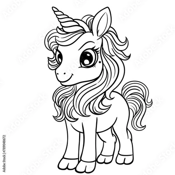 Obraz Happy Unicorn Coloring Page, Beautiful Cartoon Fairytale Cute Baby Unicorn,  Magic Pony, Unicorn Outline Illustration 