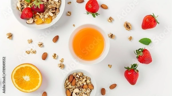 Fototapeta Breakfast with muesli strawberry salad fresh fruit orange juice nuts on white background Healthy food concept Flat lay top view : Generative AI
