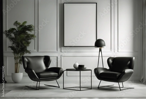 Fototapeta aesthetic black white creating side armchair interior leather render room 3d mockup marble minimalist monochromatic empty Frame table modern Similar Keywords