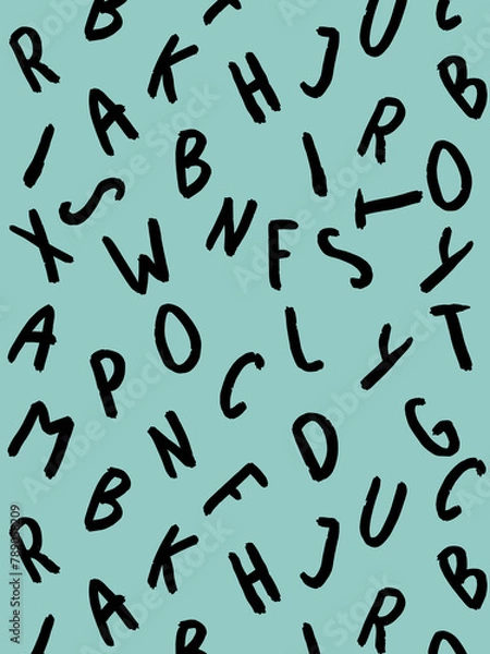 Fototapeta template with the image of keyboard symbols. set of letters. Surface template. pastel green blue background. Vertical image.